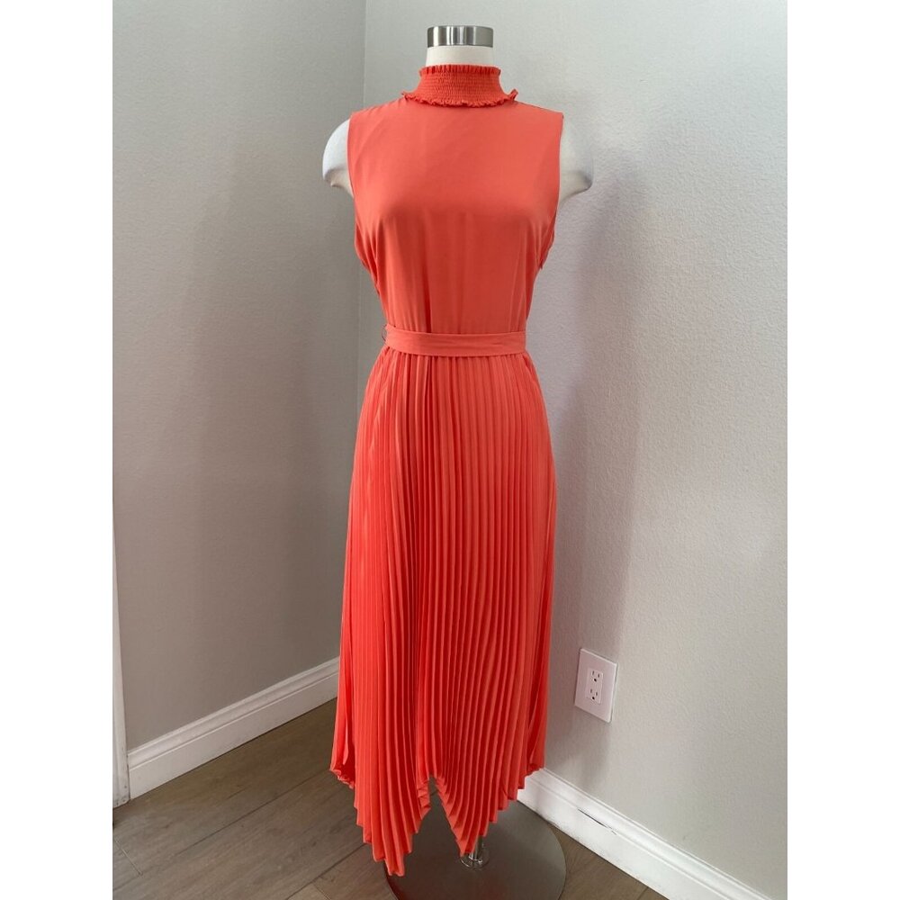 NANETTE LEPORE Womens 8 Orange Belted Accordion Pleated Midi Dress Sleeveless‎